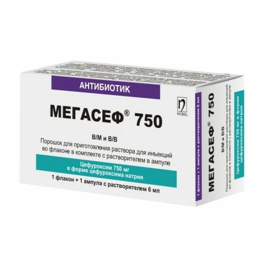 Мегасеф Порошок для приготовления раствора для инъекций в комплекте с растворителем-вода для инъекций 750мг 1 шт.